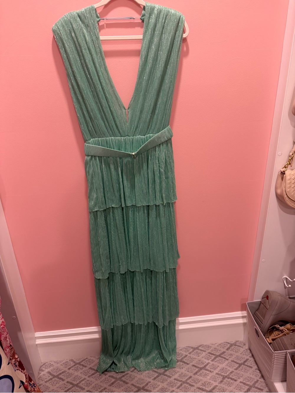 Sabina Musayev Shimmery Mint Green One-Shoulder Tiered Gown